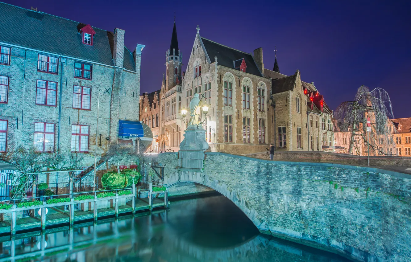 Photo wallpaper night, bridge, lights, home, photographer, channel, Belgium, Bruges