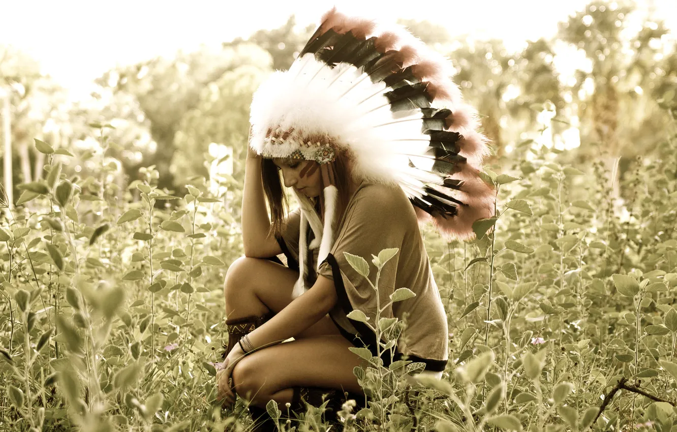 Photo wallpaper girl, nature, feathers, headdress