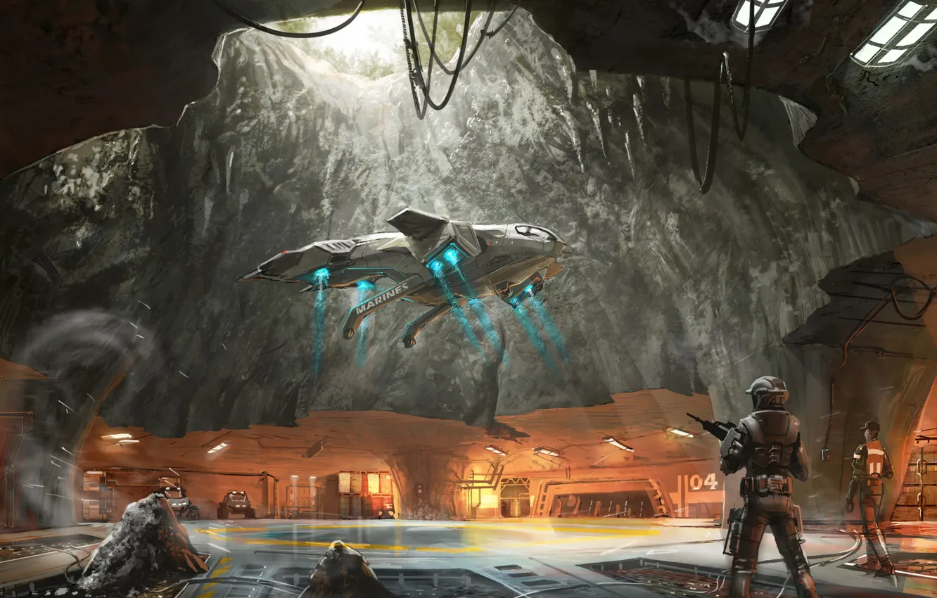 Photo wallpaper weapons, transport, wire, people, ship, art, hangar, soldiers