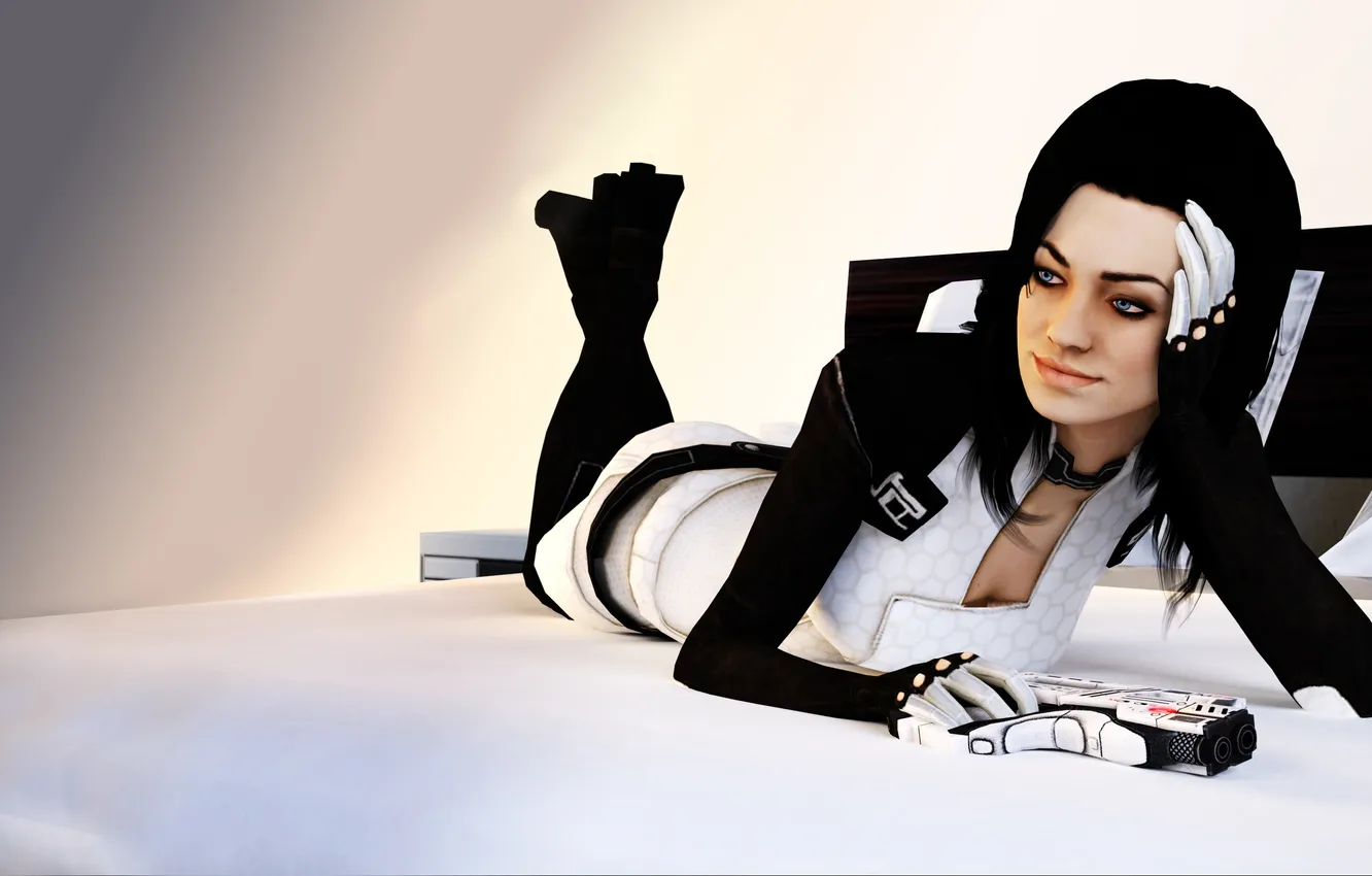 Photo wallpaper girl, gun, bed, mass effect, lying, miranda lawson