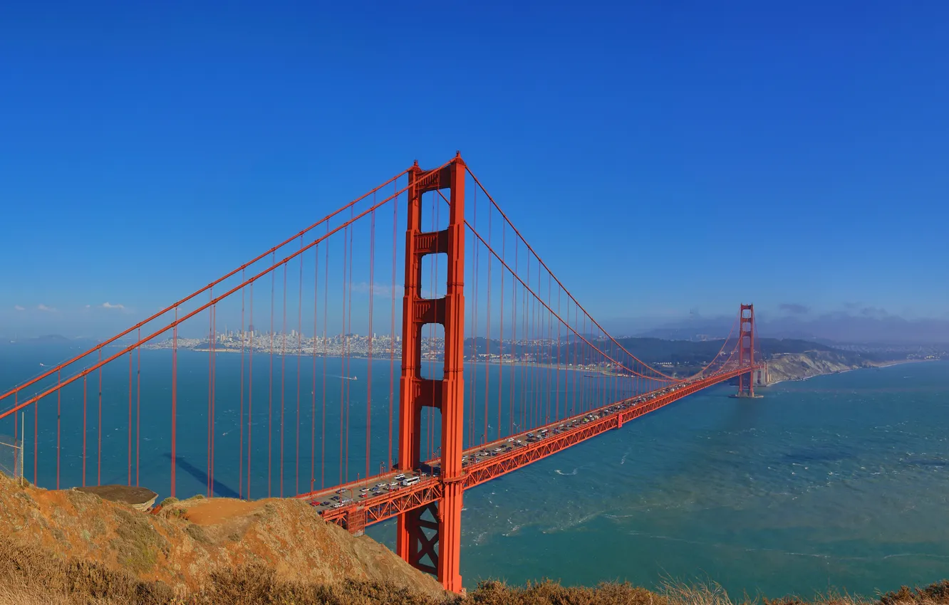 Photo wallpaper sea, the sky, the city, San Francisco, the Golden gate bridge, oporu