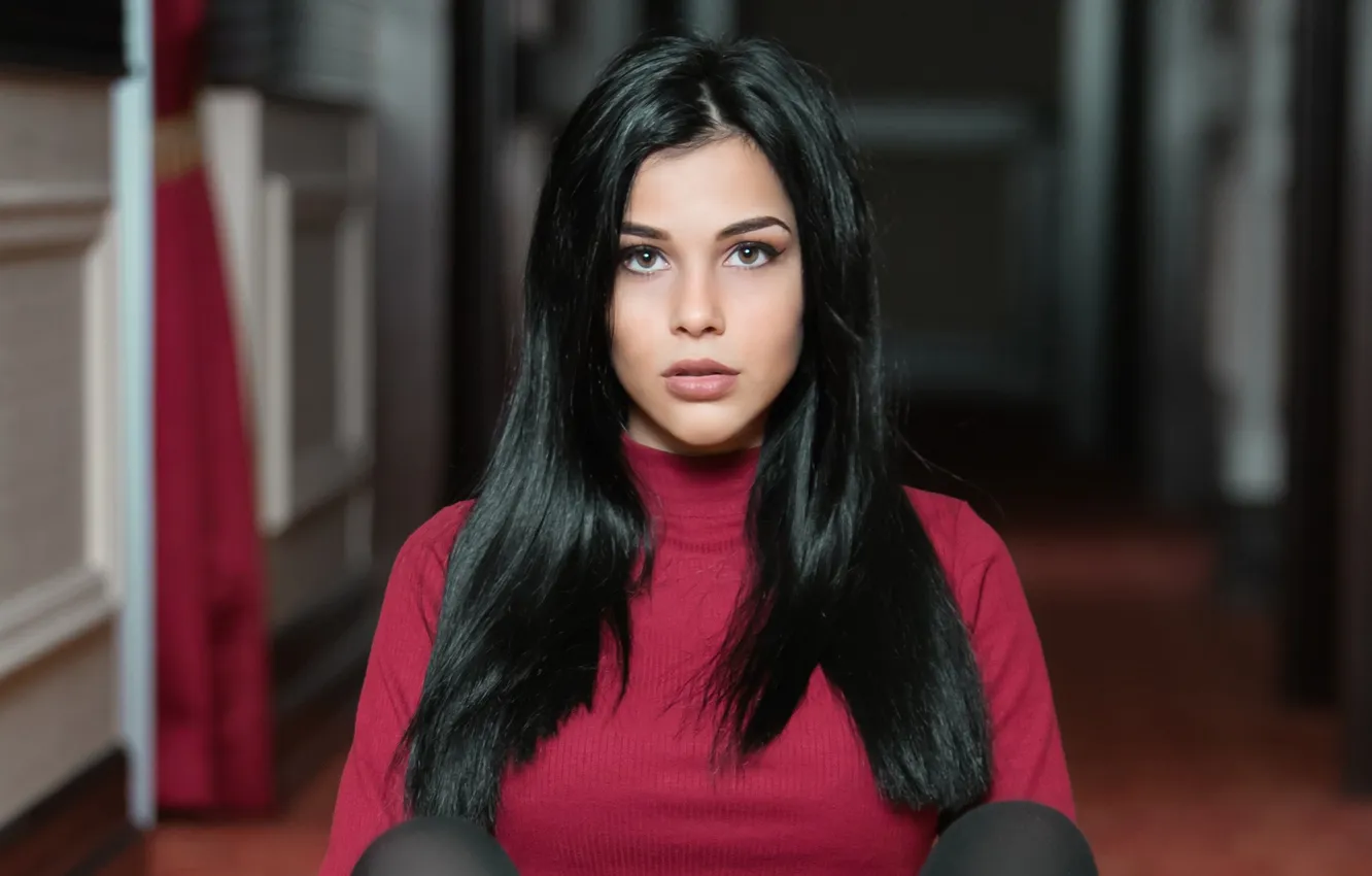 Photo wallpaper brown eyes, women, face, brunette, black hair, portrait, juicy lips