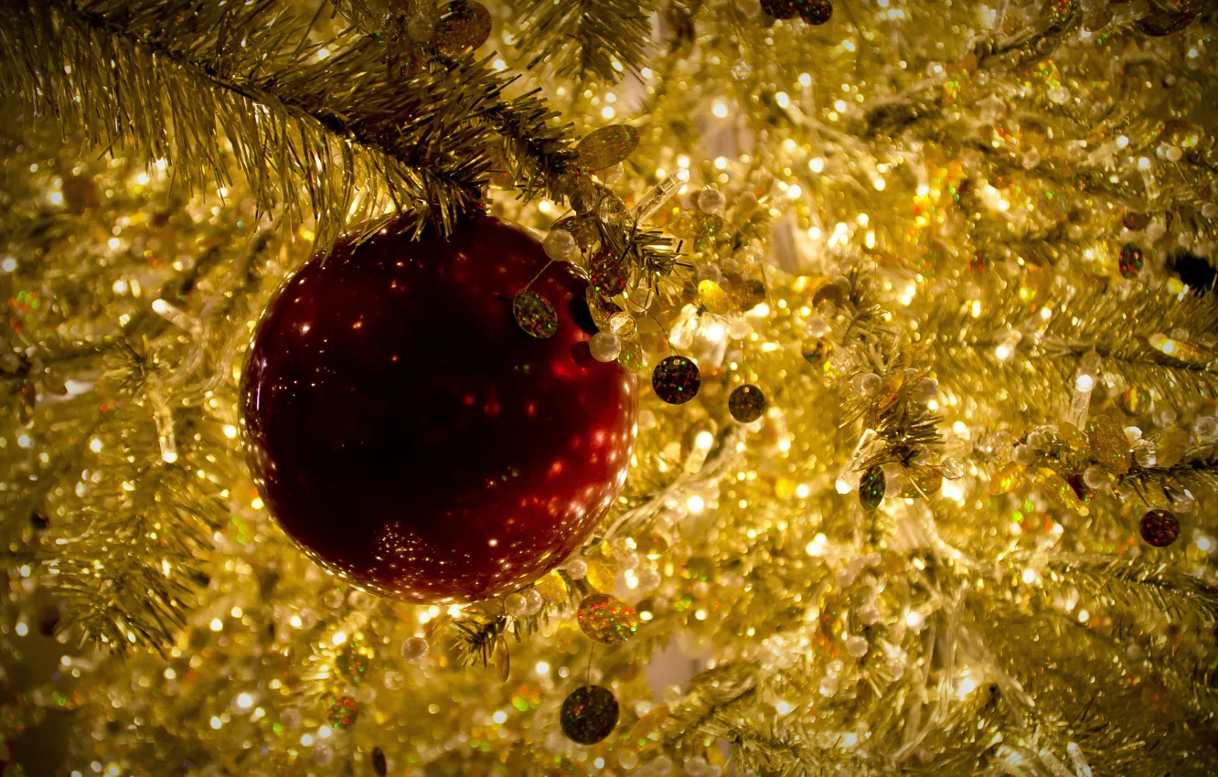Photo wallpaper red, balls, toy, Christmas, gold, tinsel, Christmas, New Year