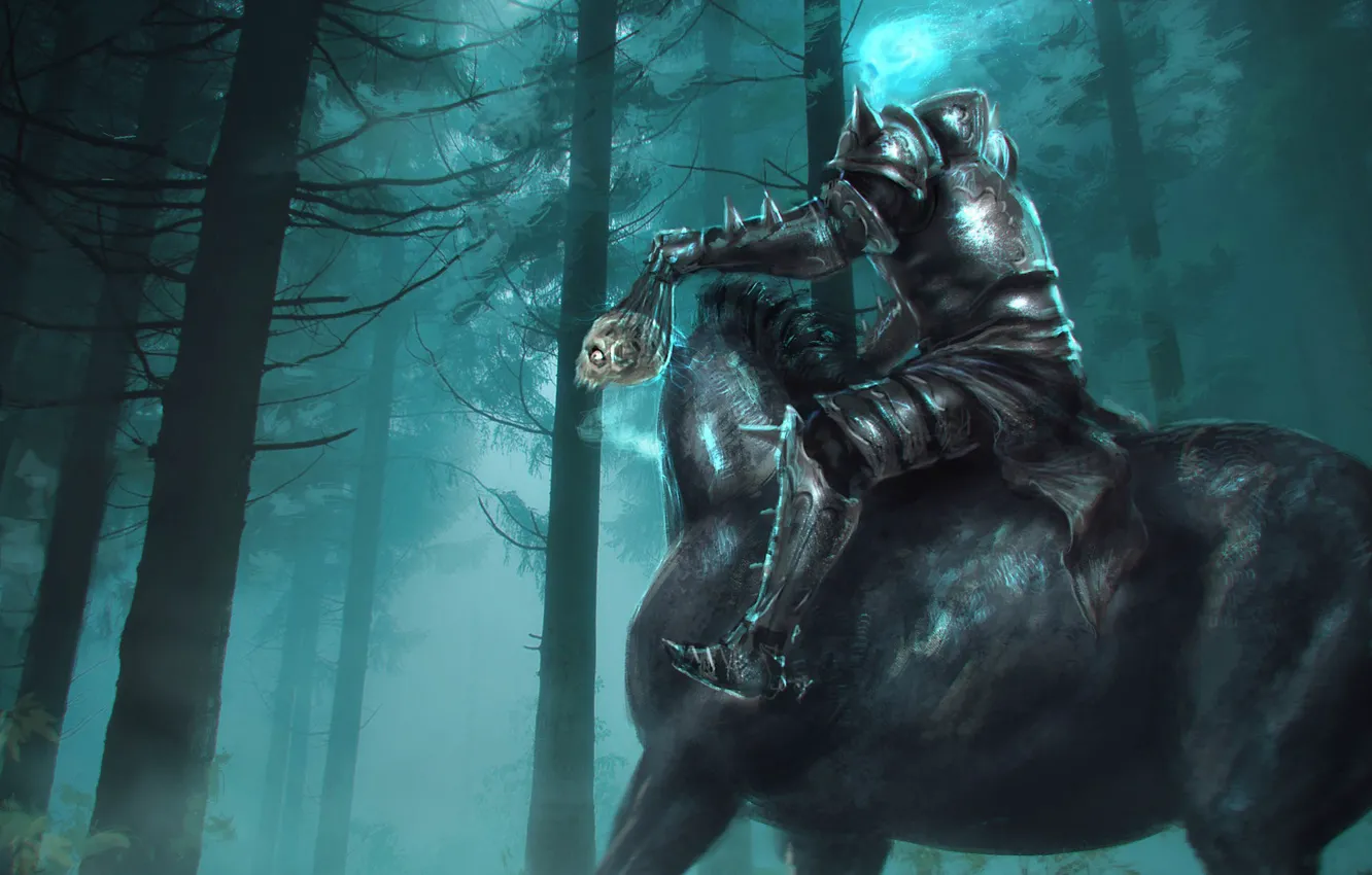 Photo wallpaper sake, fantasy, forest, Death Knight, armor, trees, horse, digital art