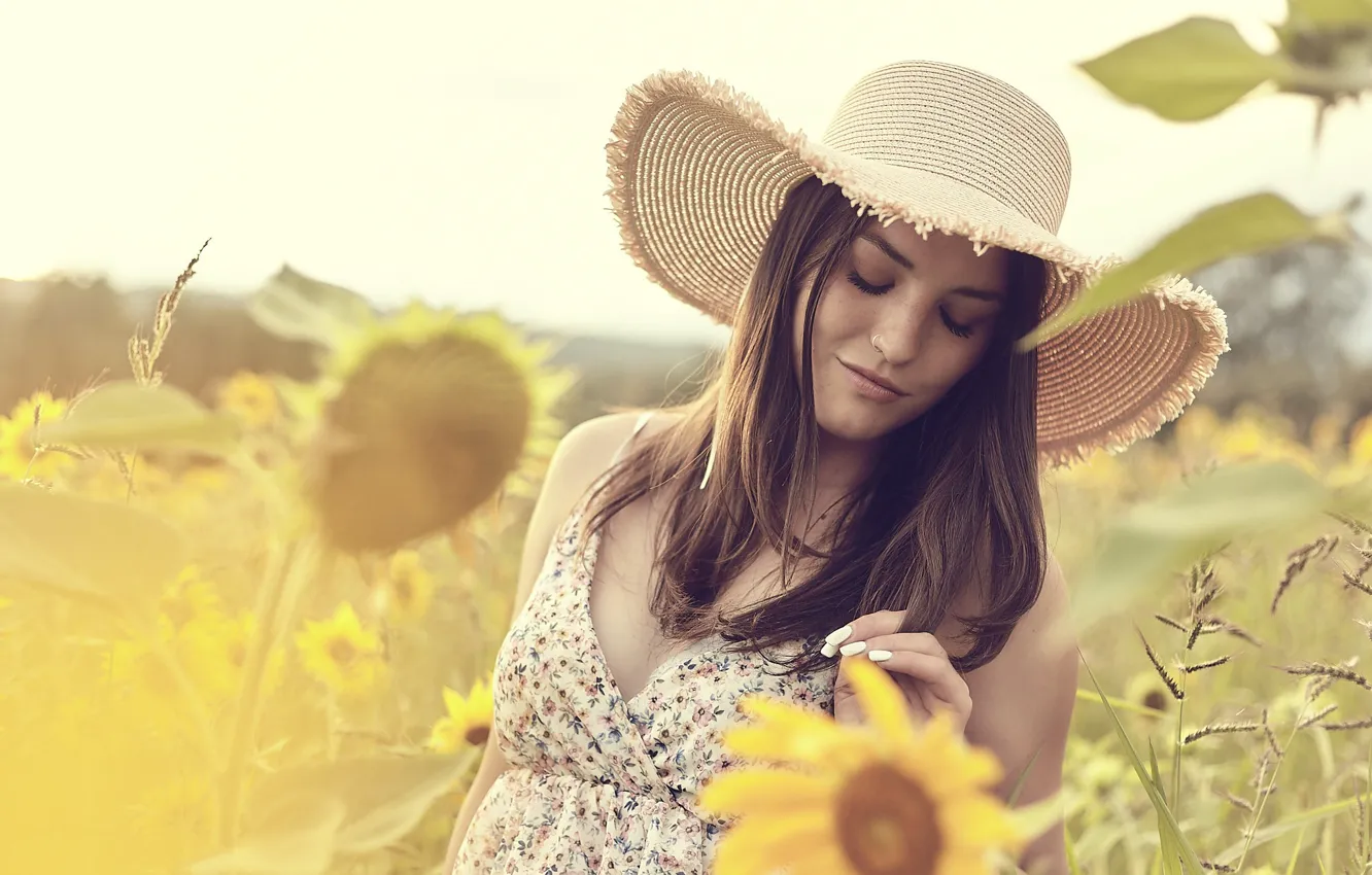 Photo wallpaper field, summer, the sky, girl, sunflowers, pose, smile, hat