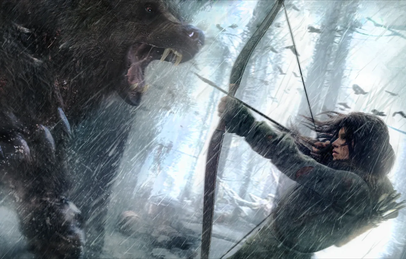 Photo wallpaper girl, snow, wolf, bow, Tomb Raider, arrows, Lara Croft, Siberia