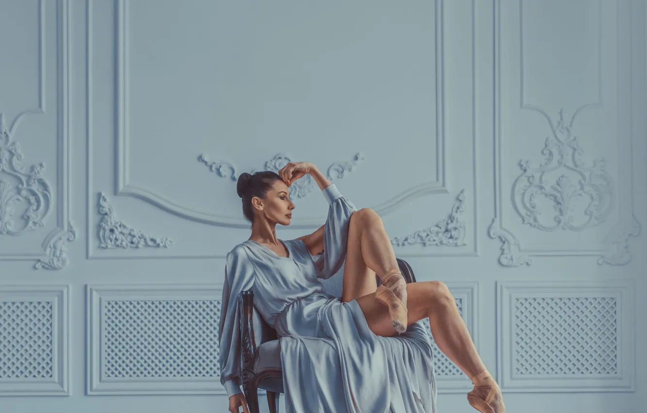 Photo wallpaper girl, pose, feet, chair, dress, ballerina, sitting, ballet