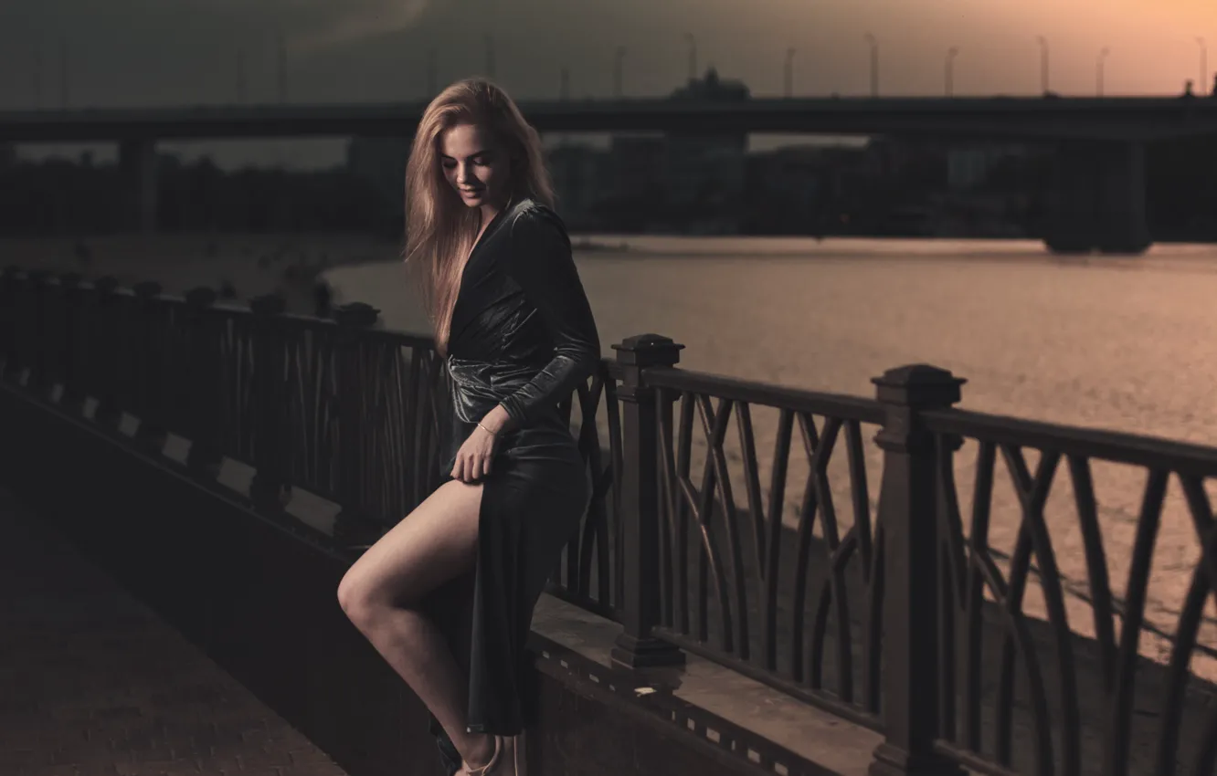 Photo wallpaper girl, bridge, pose, river, dress, legs, beauty, Max Solve