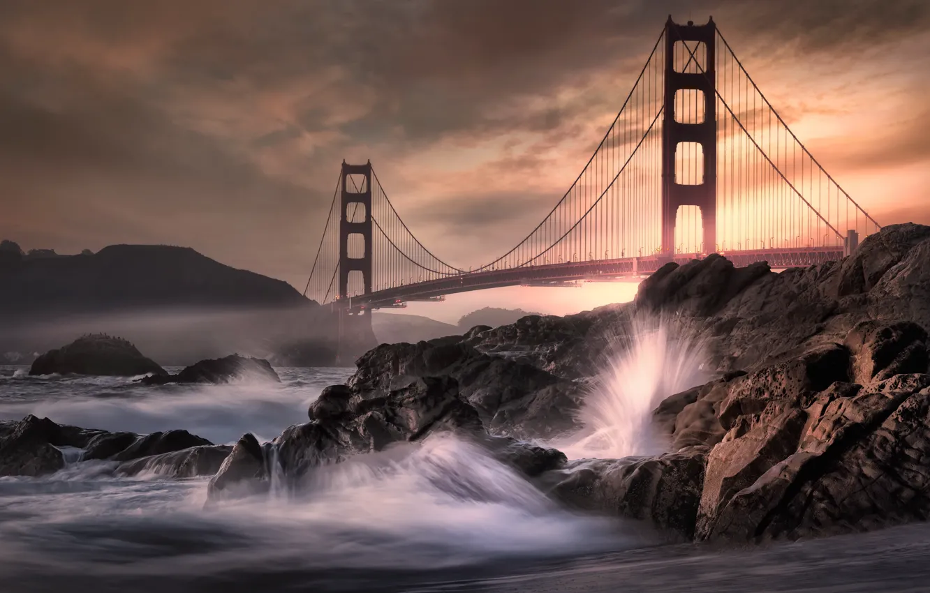 Photo wallpaper wave, night, bridge