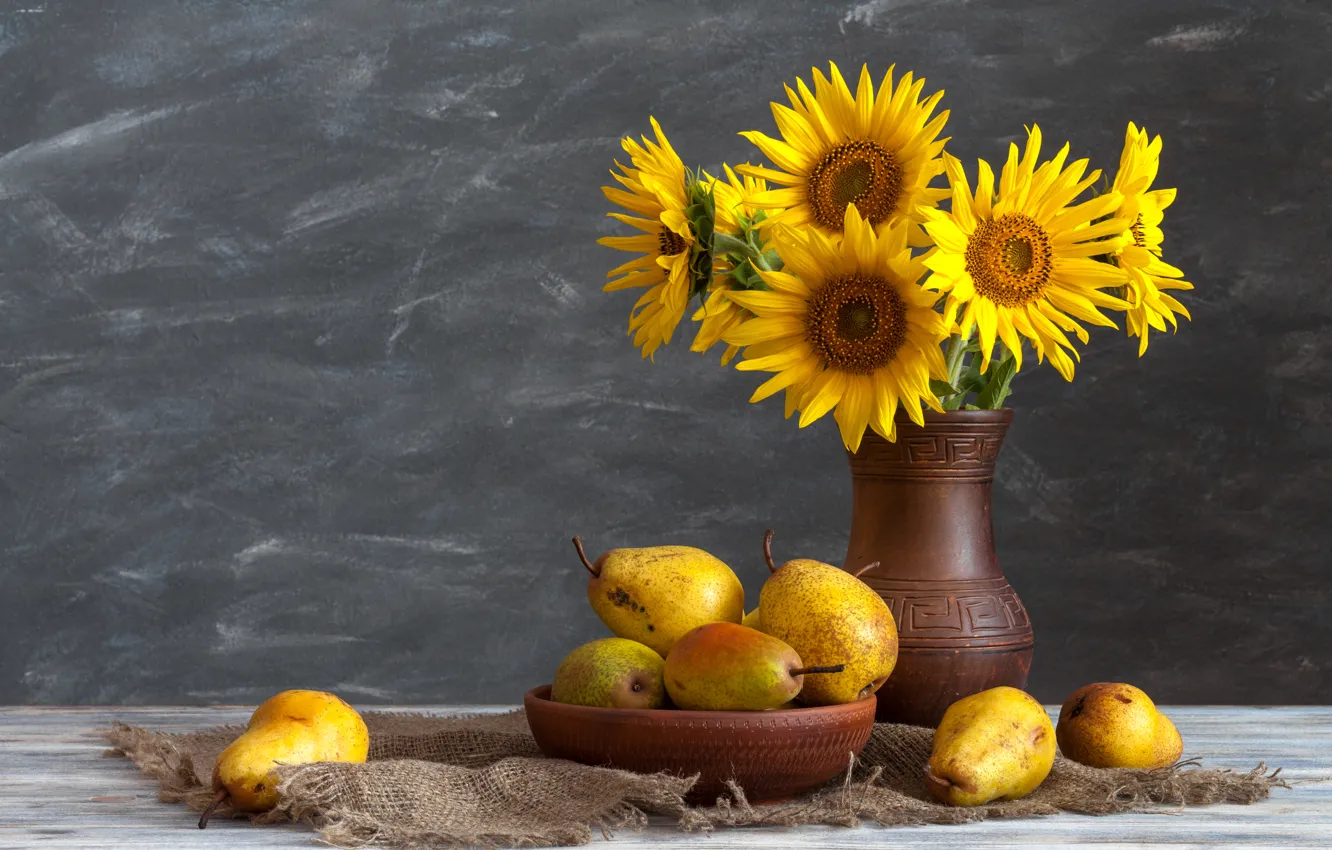 Photo wallpaper sunflowers, yellow, vase, fruit, still life, pear, burlap