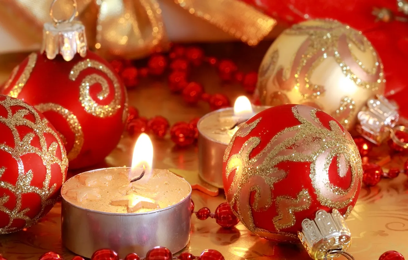 Photo wallpaper holiday, toys, new year, candles, beads, the scenery, happy new year, sequins