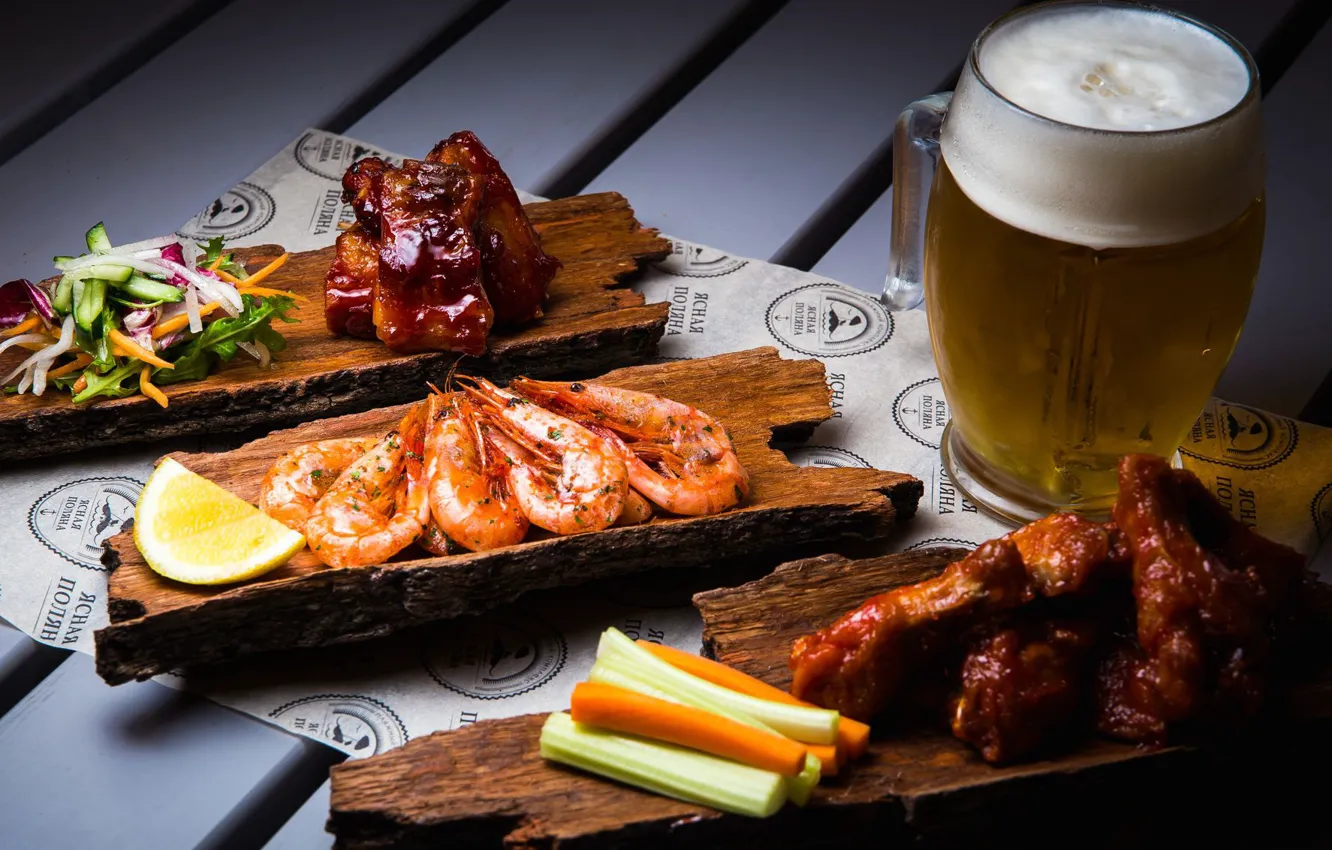 Photo wallpaper lemon, beer, meat, vegetables, shrimp, appetizer