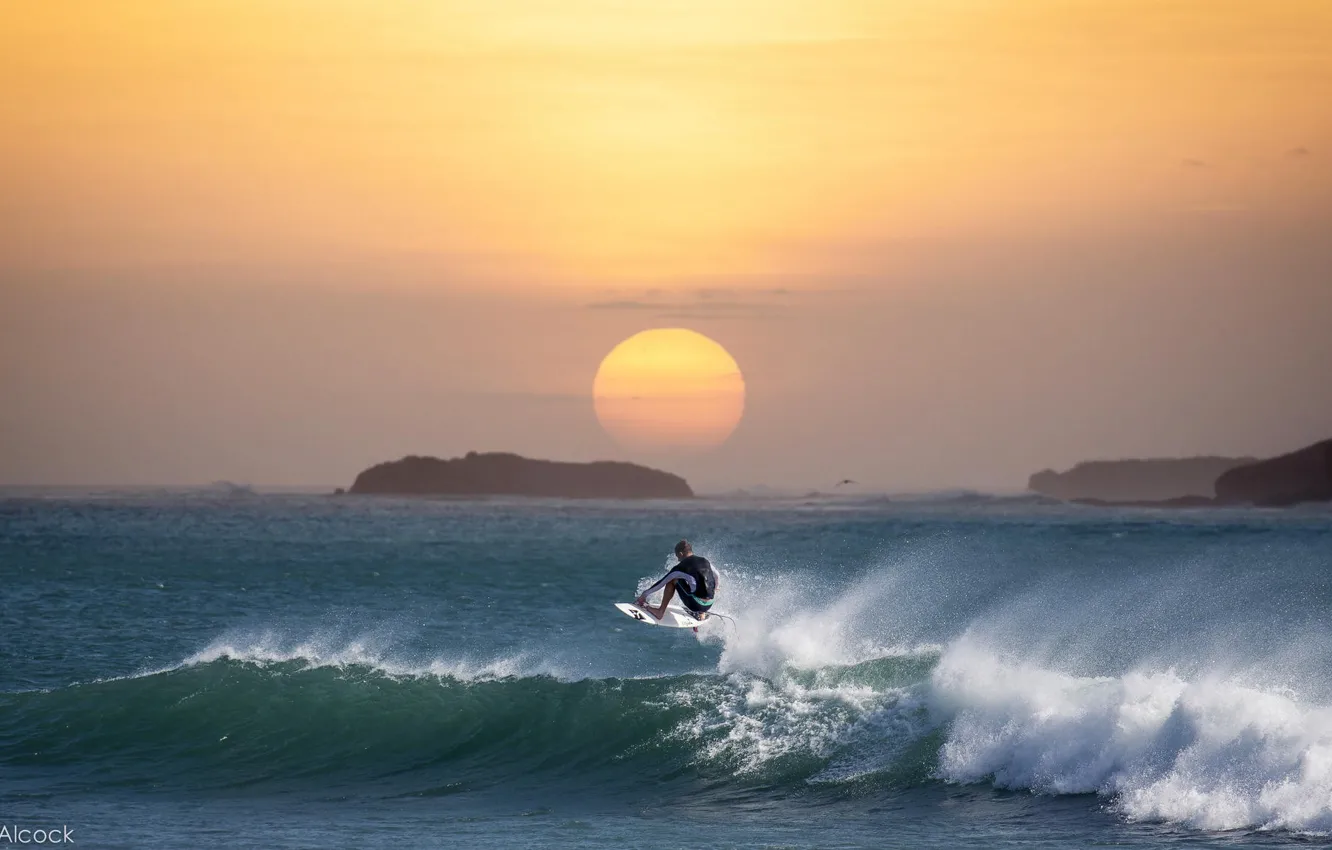 Photo wallpaper wave, sunset, the ocean, surfing