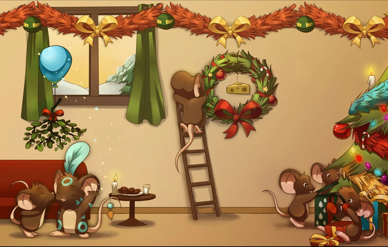 Photo wallpaper gift, tree, mouse, cheese, mouse, Christmas, Transformice, Bubble epic