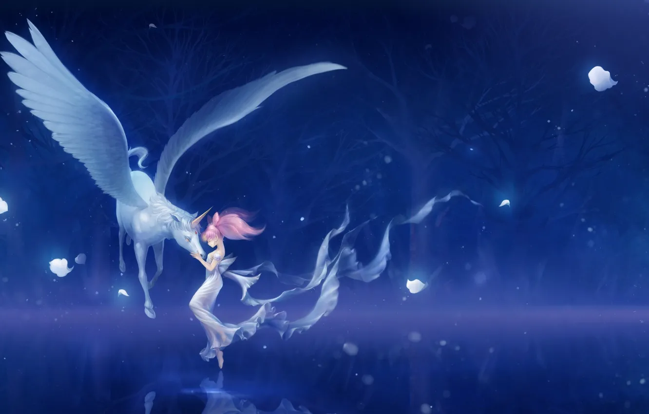 Photo wallpaper girl, trees, night, magic, anime, art, unicorn, bishoujo senshi sailor moon