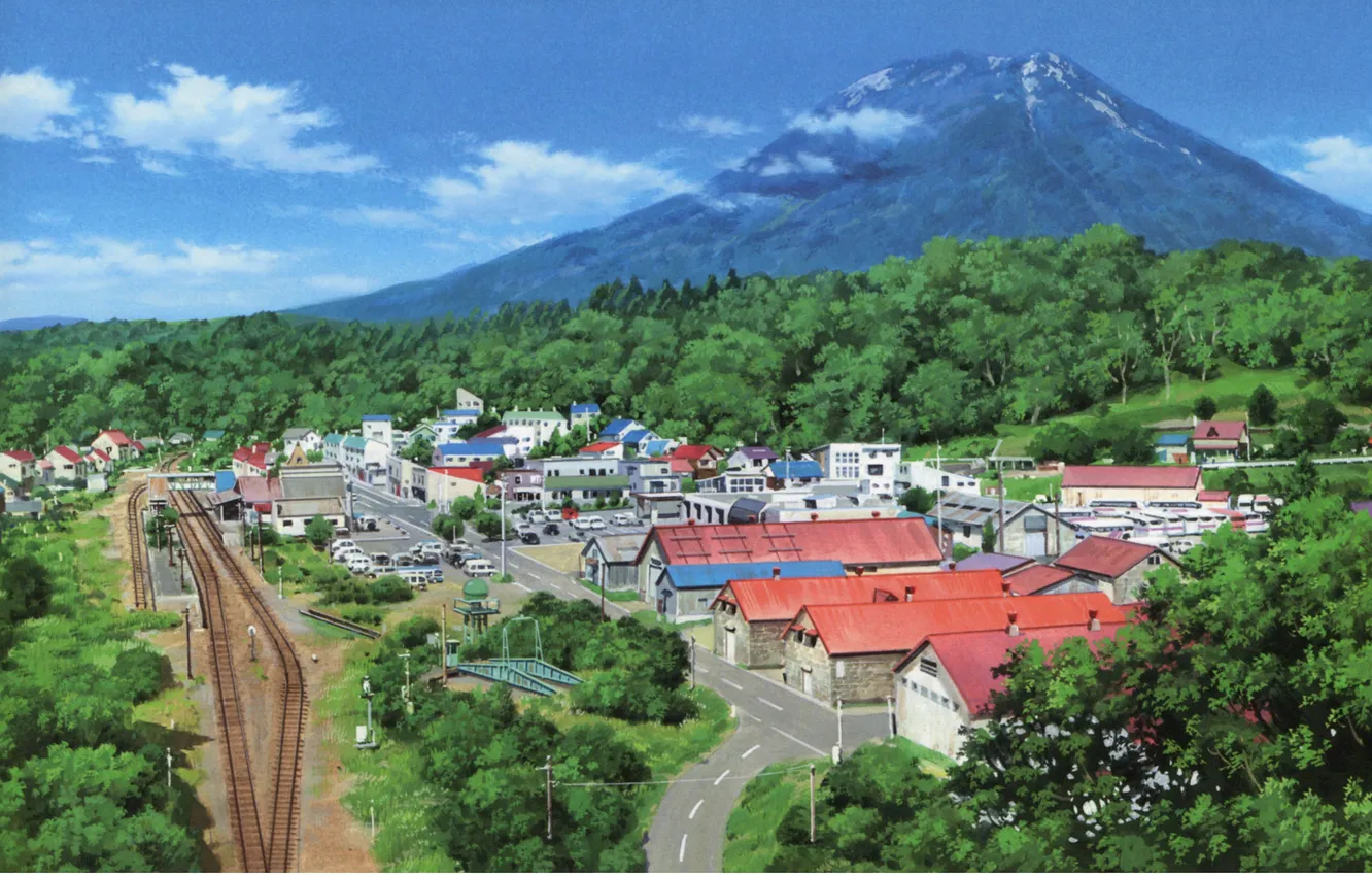 Photo wallpaper road, summer, trees, markup, rails, mountain, Japan, roof