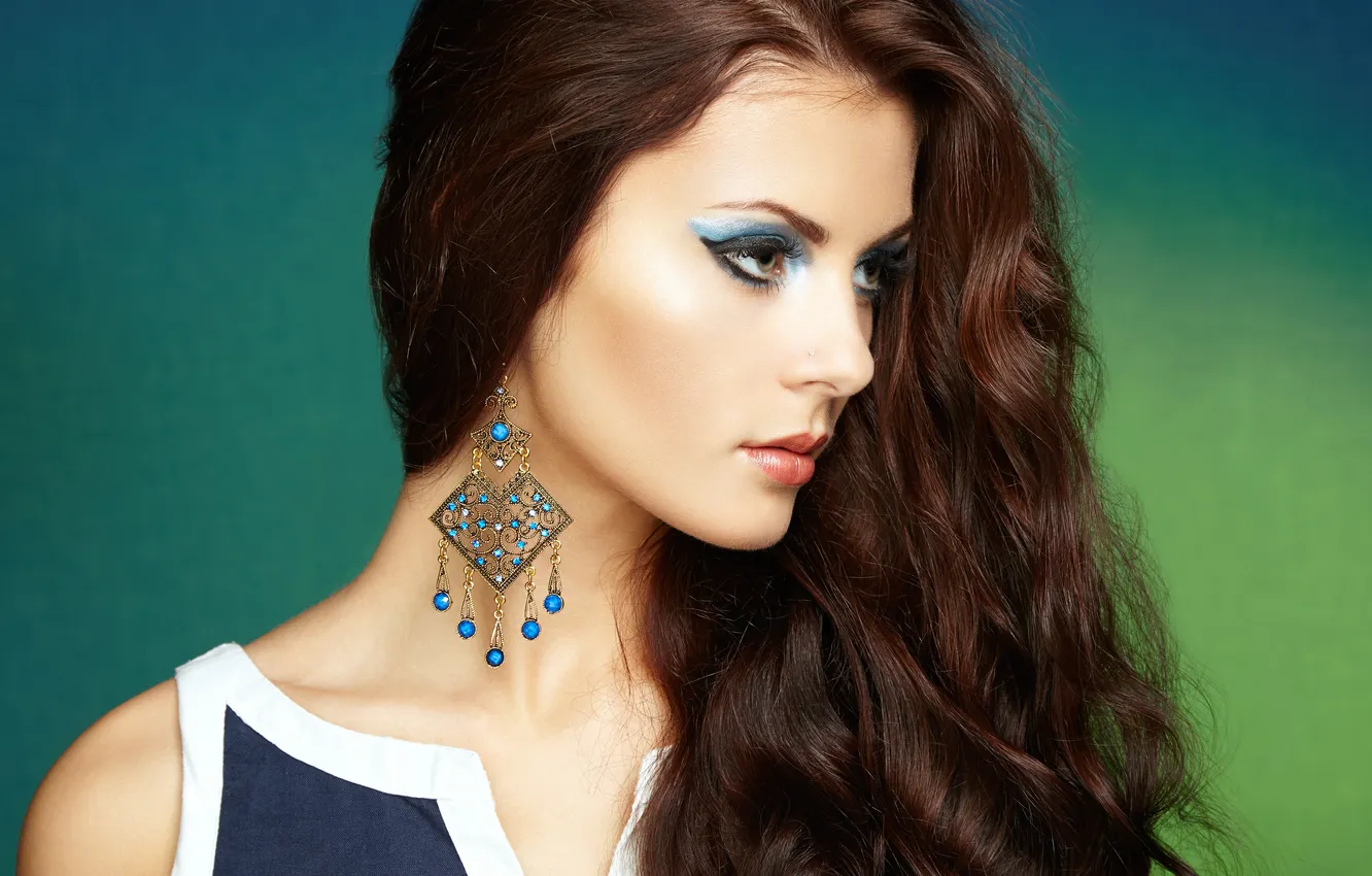 Photo wallpaper hair, Girl, earrings, shadows, girl, fashion, dress, blue