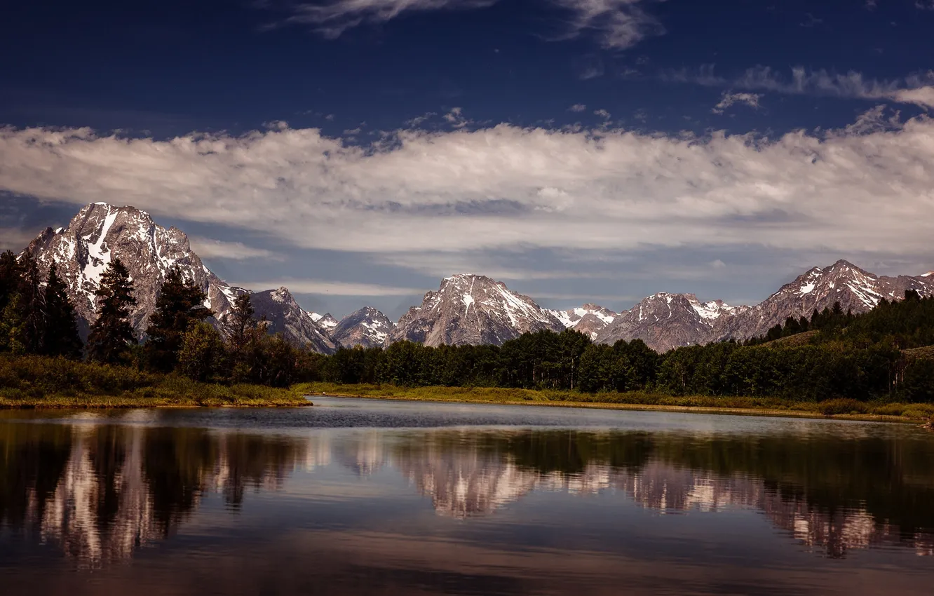 Photo wallpaper the sky, clouds, mountains, lake, reflection, mirror, Wyoming, pine