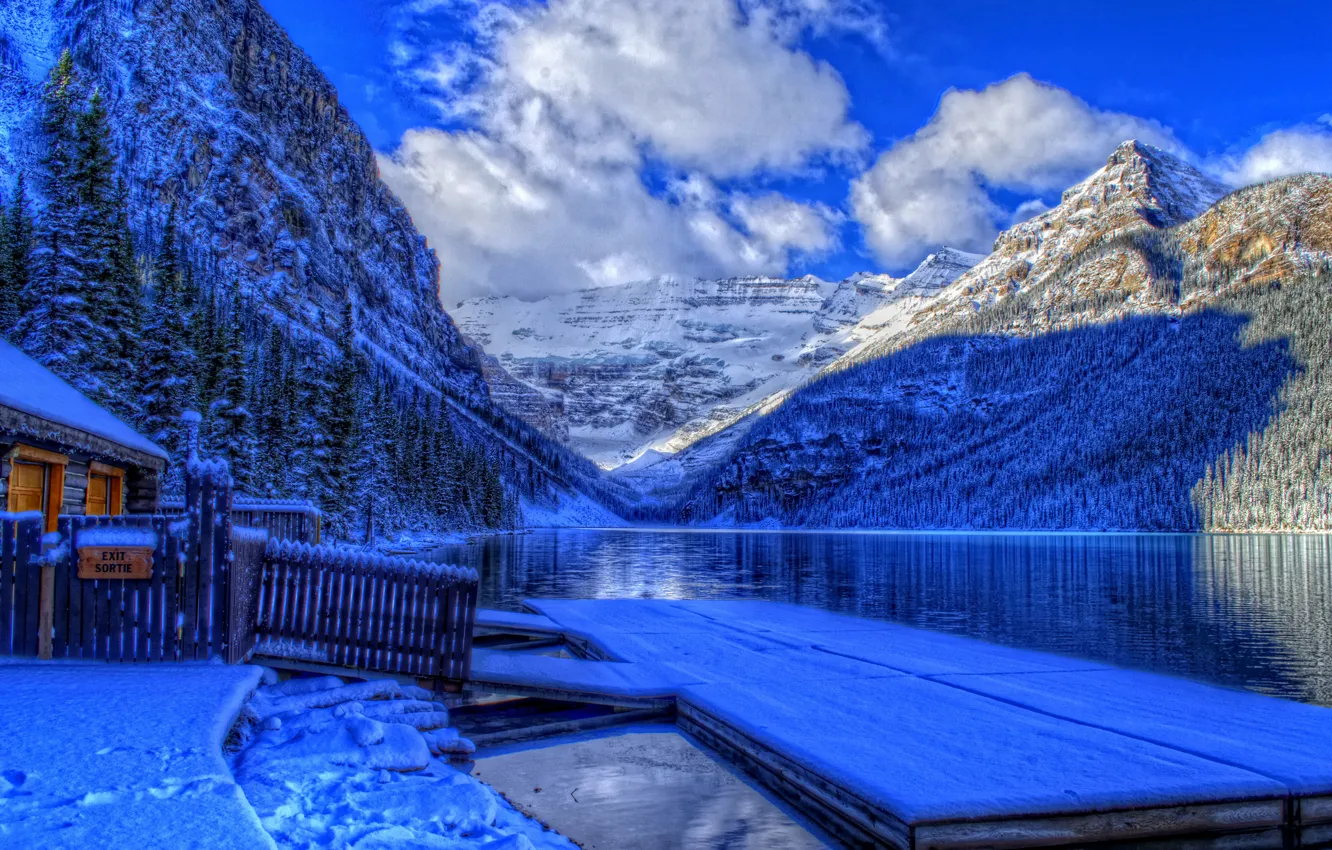 Photo wallpaper winter, forest, the sky, clouds, snow, trees, mountains, lake