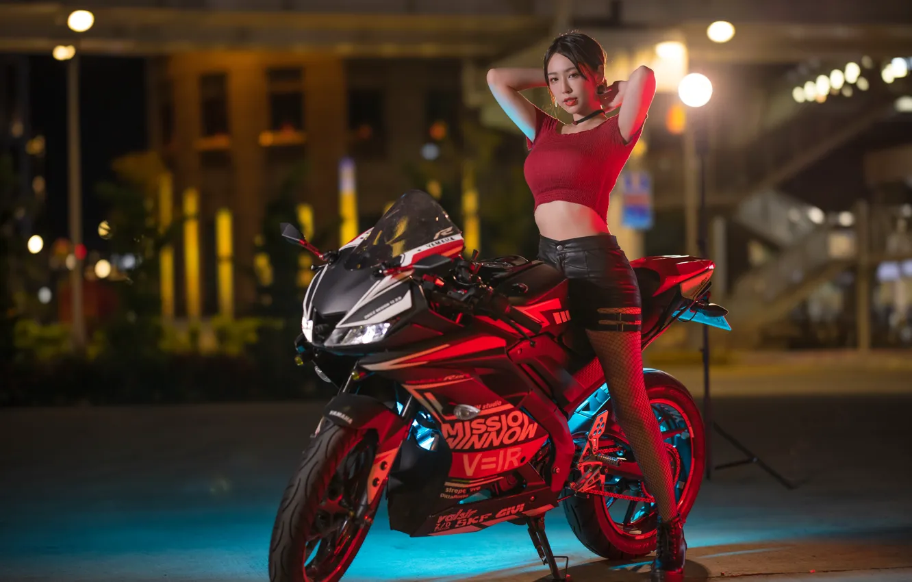 Photo wallpaper girl, motorcycle, Asian