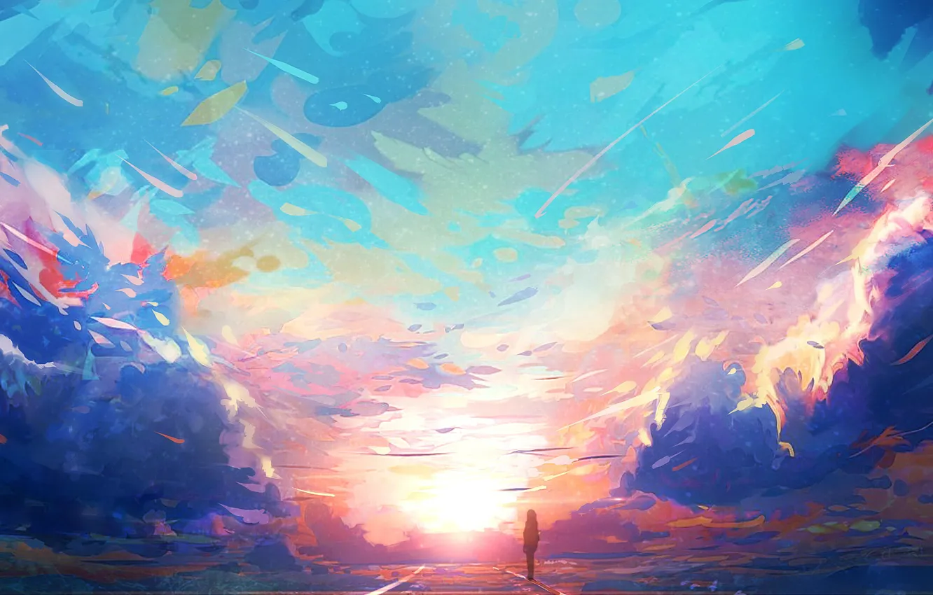 Photo wallpaper road, the sky, girl, clouds, sunset