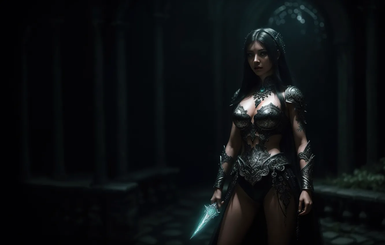 Photo wallpaper girl, fantasy, art, fantasy art, dungeon, dagger, fantasy girl, Stable Diffusion