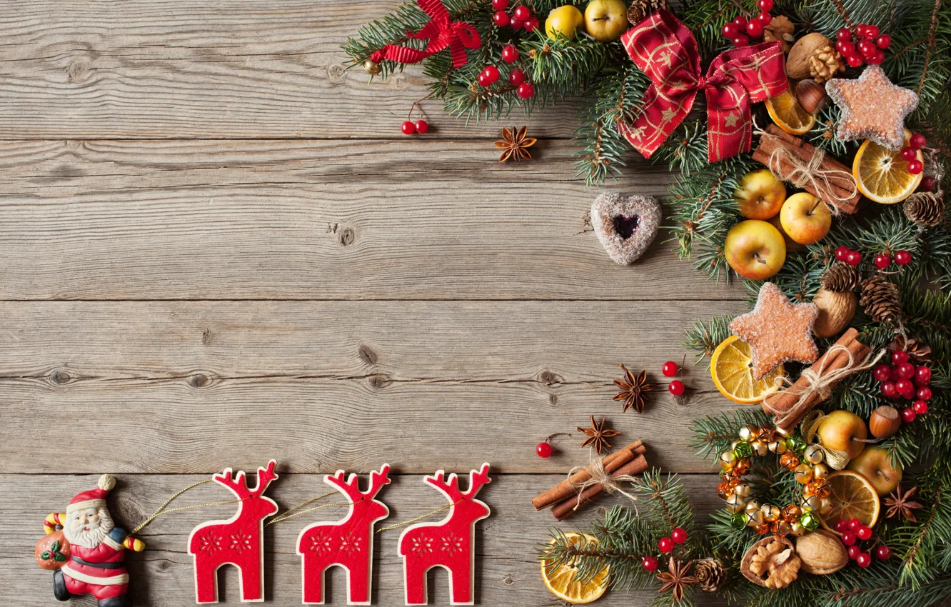 Photo wallpaper decoration, berries, balls, apples, tree, New Year, cookies, Christmas