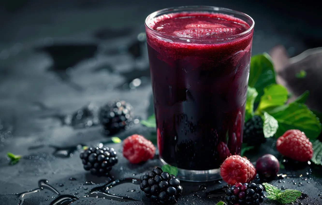 Photo wallpaper drops, glass, berries, raspberry, the dark background, table, glass, moisture