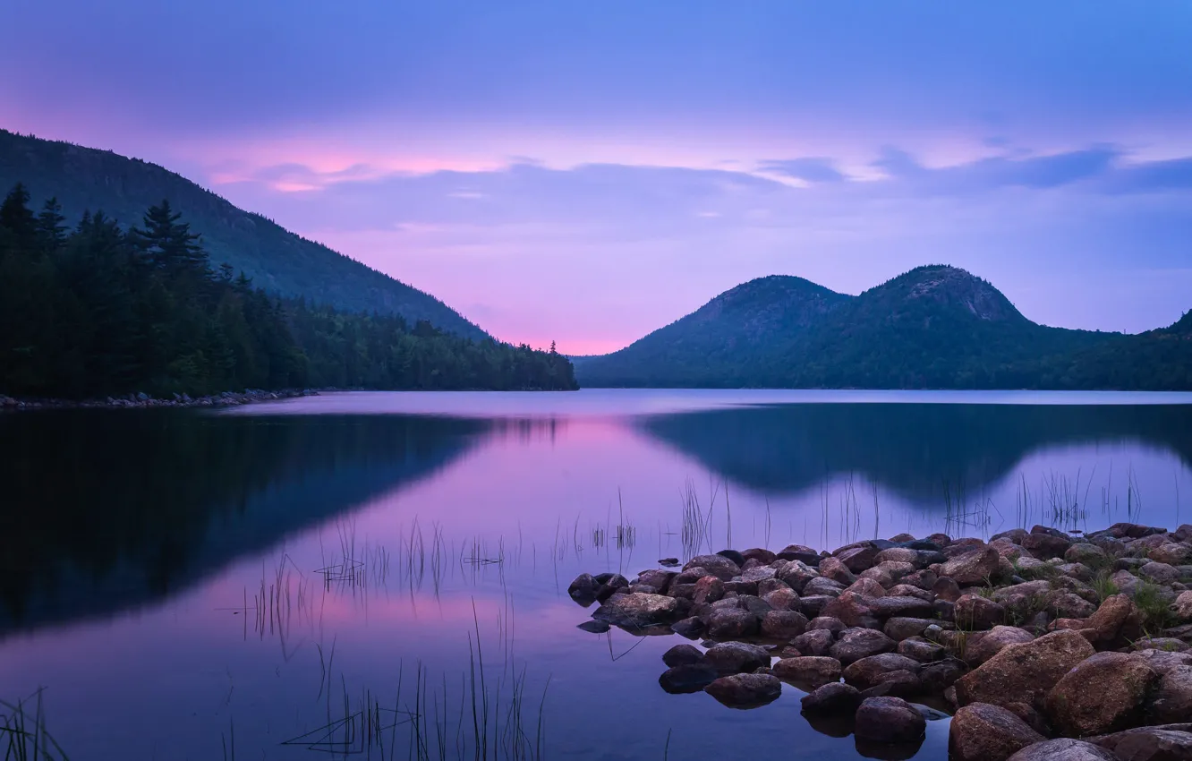 Photo wallpaper sunset, mountains, lake, pond, reflection, stones, Maine, Man
