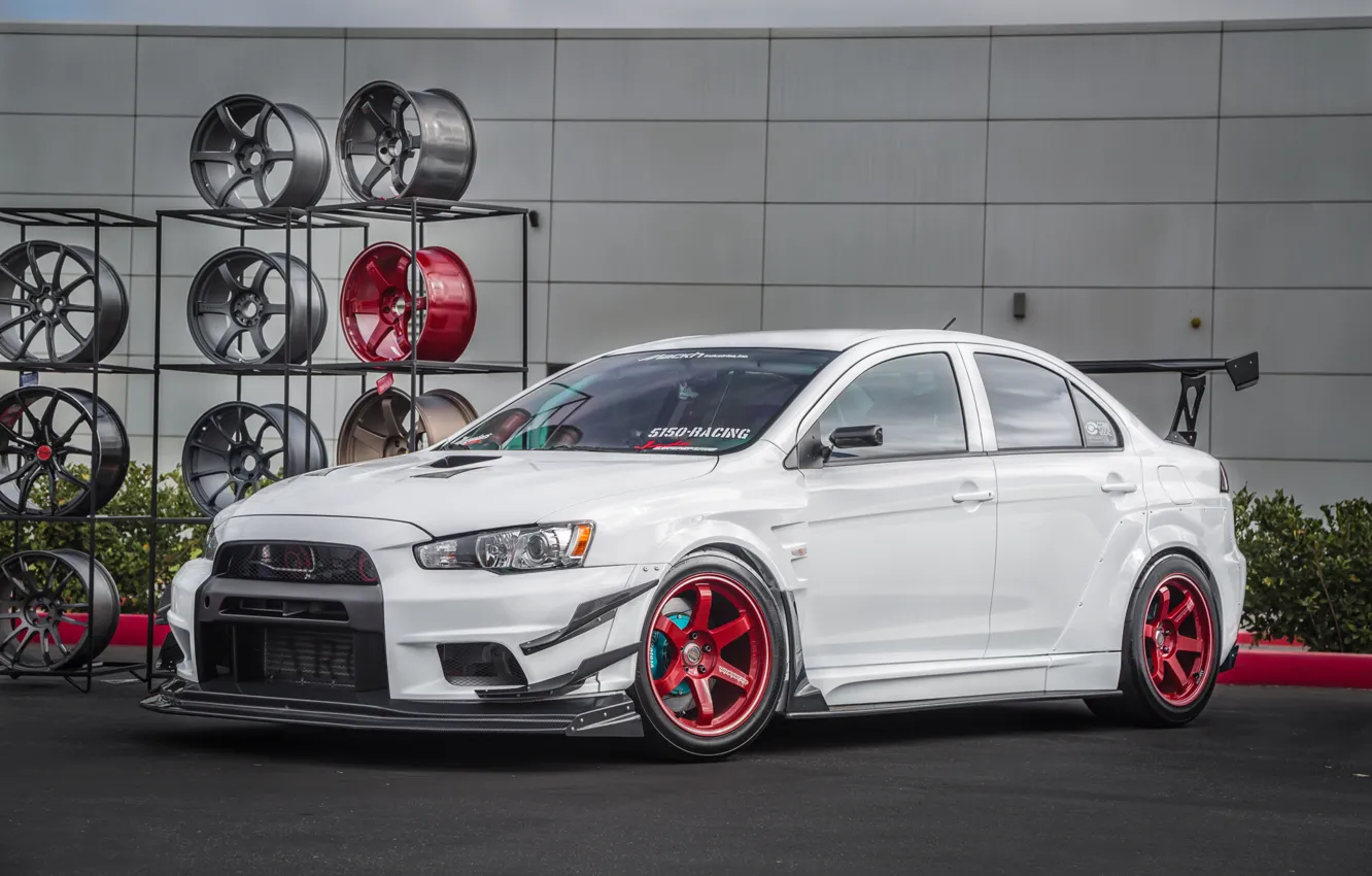 Photo wallpaper red, white, wheels, mitsubishi, lancer, evolution