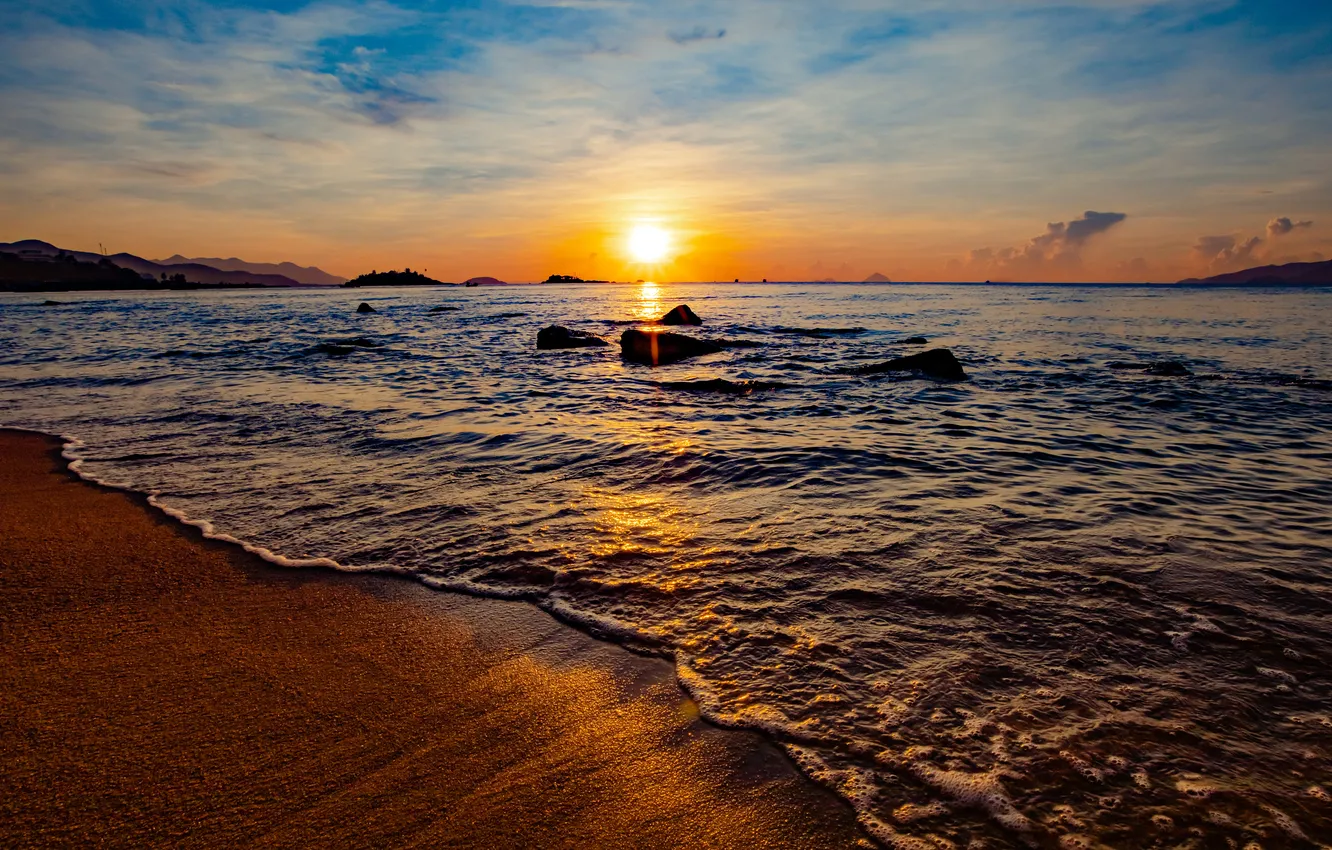 Photo wallpaper sea, wave, surf, the sun, beach, sunset