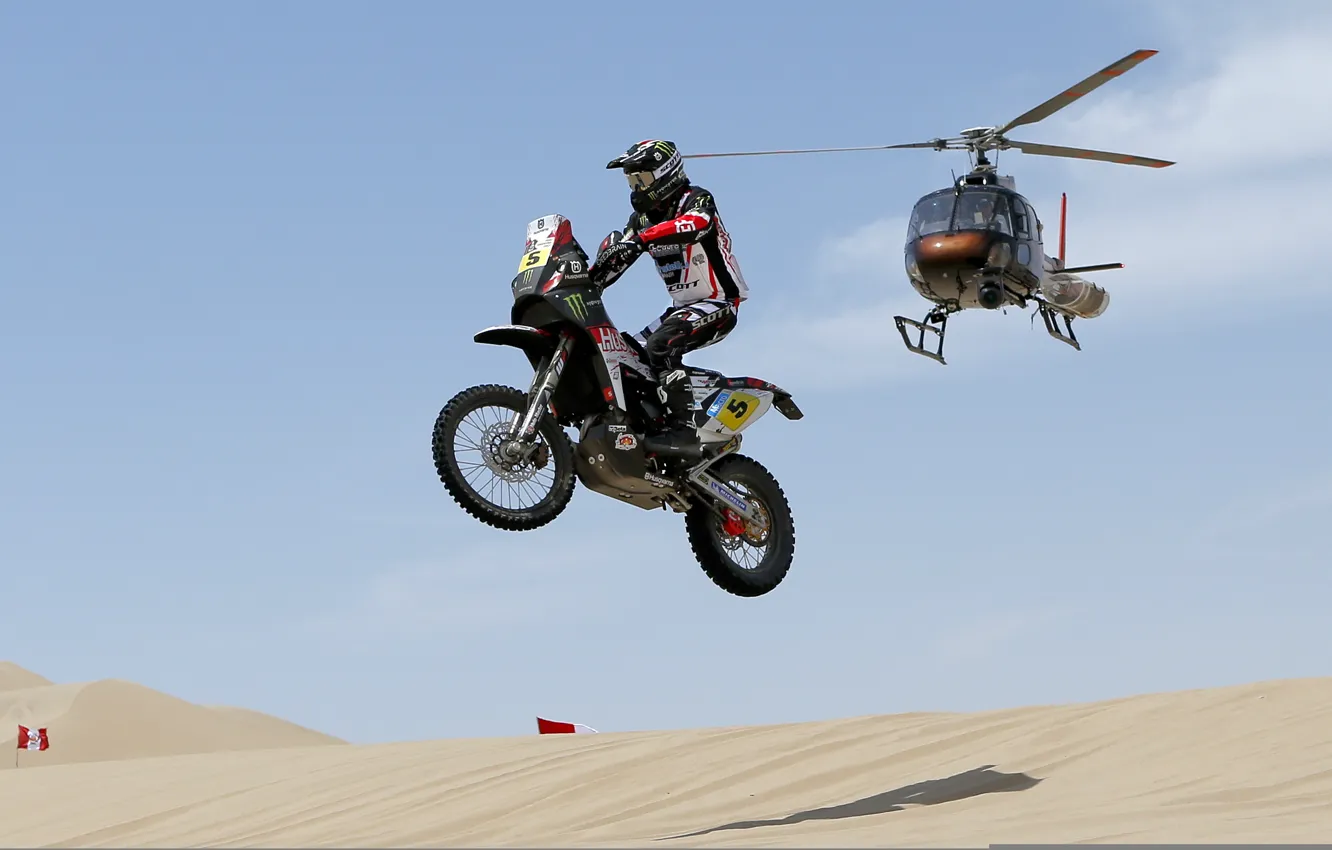 Photo wallpaper the sky, Sand, Helicopter, Race, Shadow, Motorcycle, Dakar, Hang