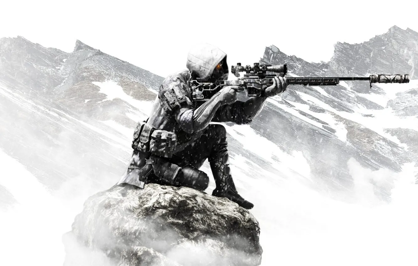 Photo wallpaper landscape, mountains, pose, the game, art, sniper, rifle, shooter