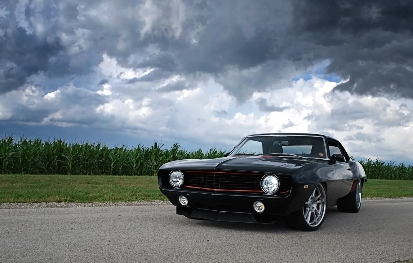 Photo wallpaper road, field, the sky, clouds, black, tuning, coupe, Chevrolet
