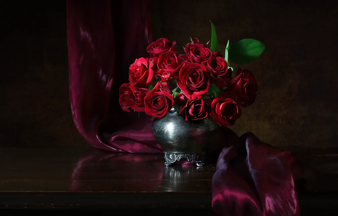 Photo wallpaper style, roses, bouquet, fabric, vase