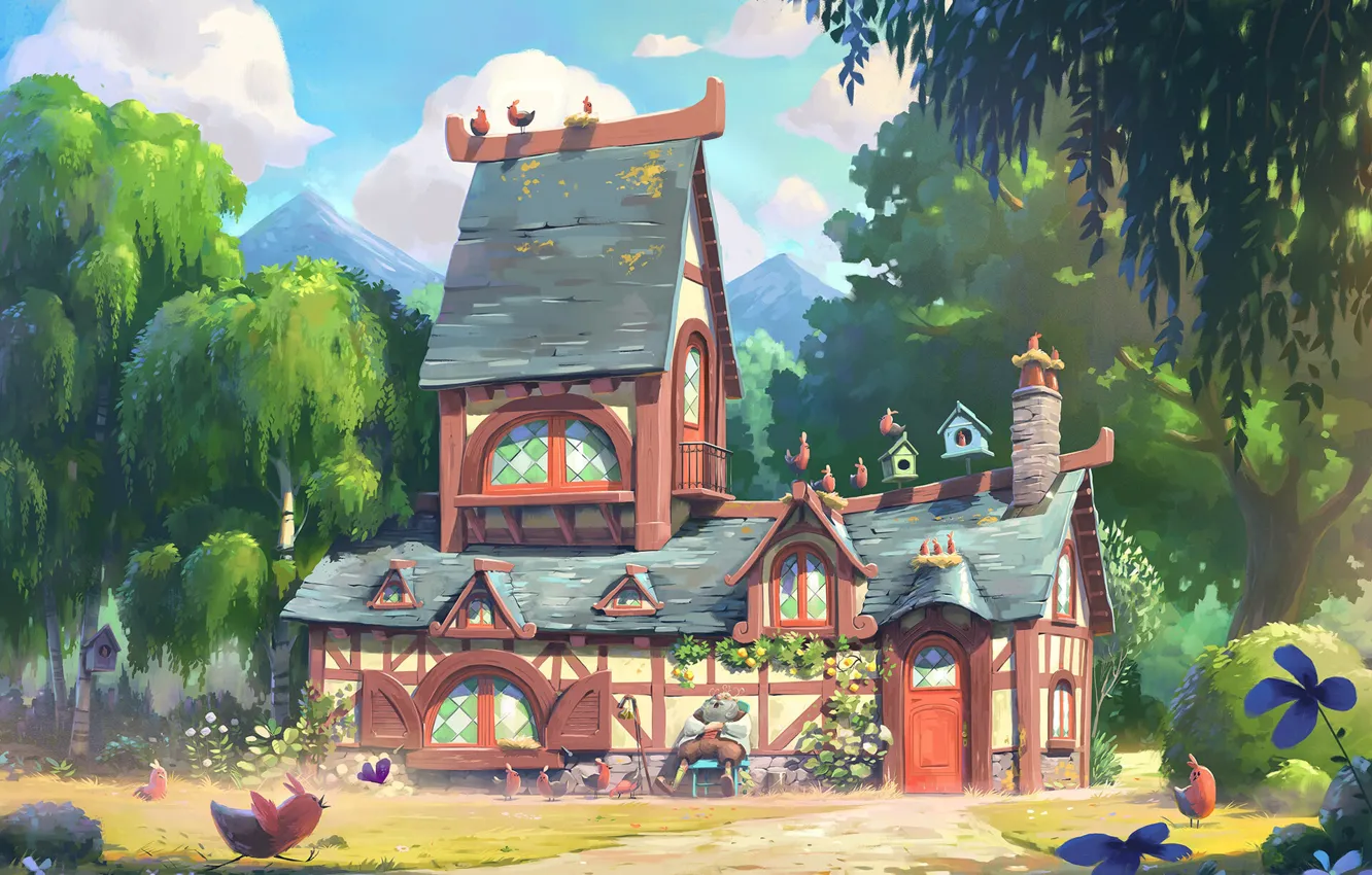 Photo wallpaper forest, mountains, home, bird, The bird house