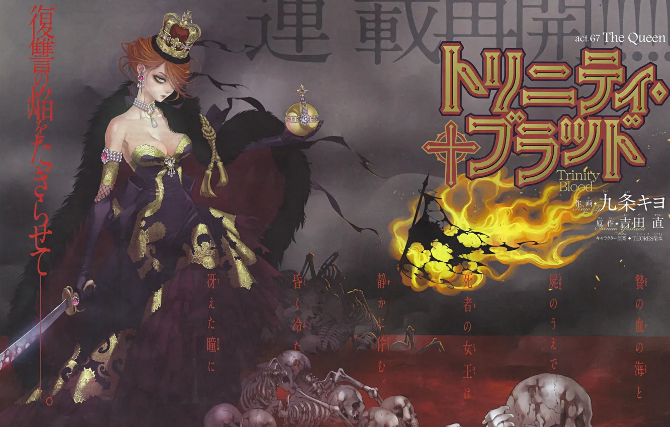 Photo wallpaper flame, sword, crown, bones, skull, Trinity Blood, Trinity blood, art Shibamoto Thres