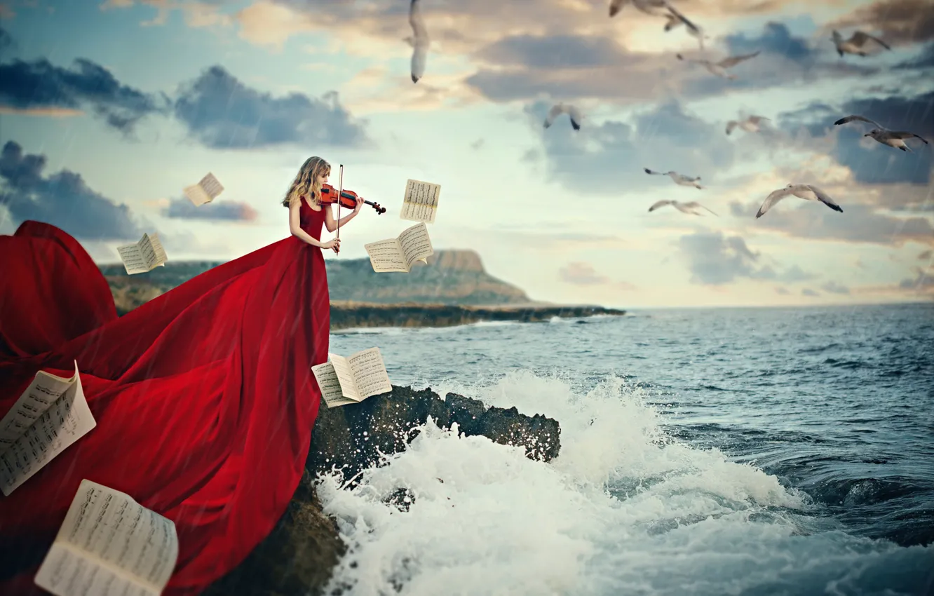 Photo wallpaper girl, notes, violin, in red