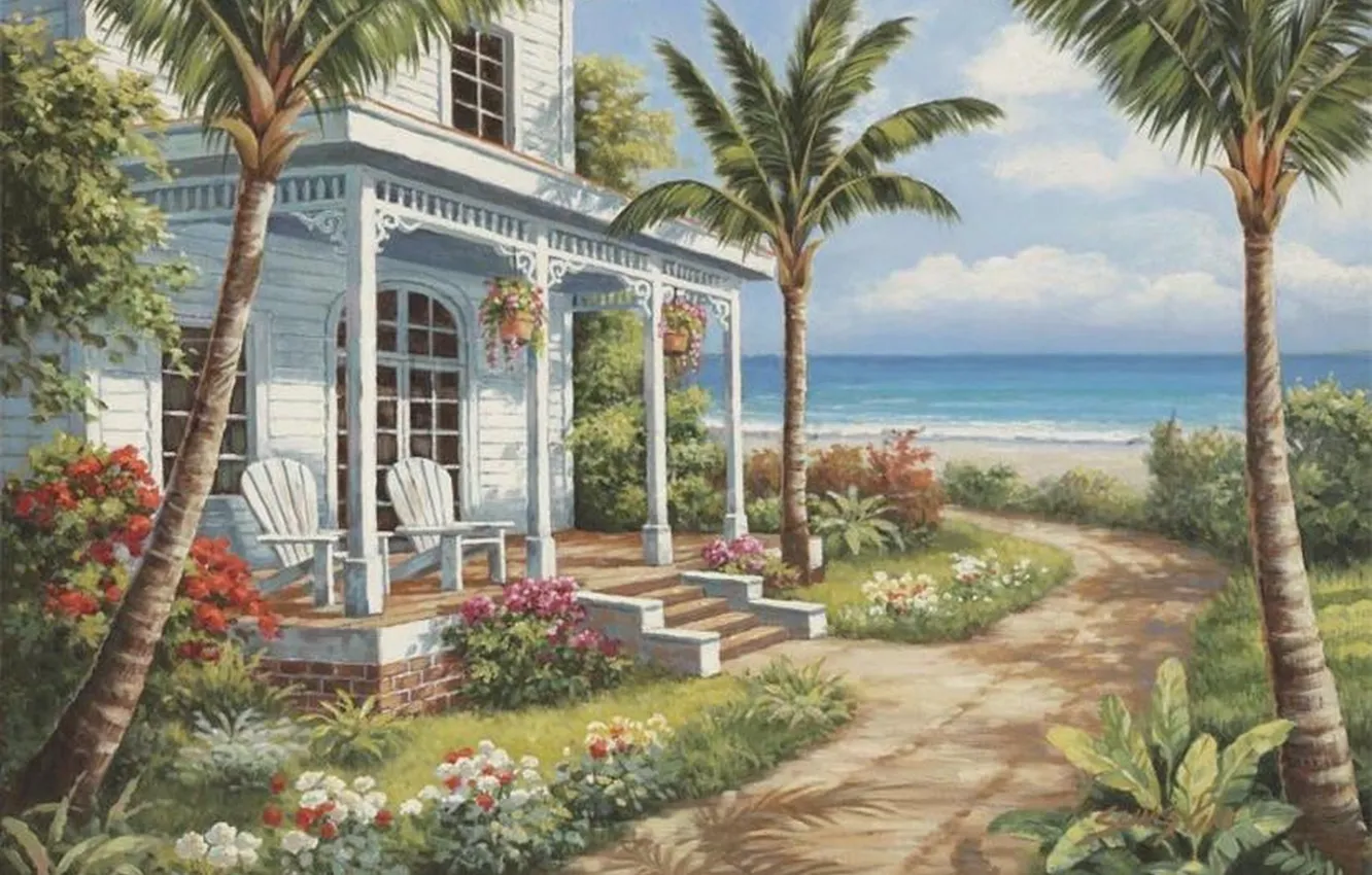 Photo wallpaper sea, palm trees, home, picture, painting, painting, Sung Kim