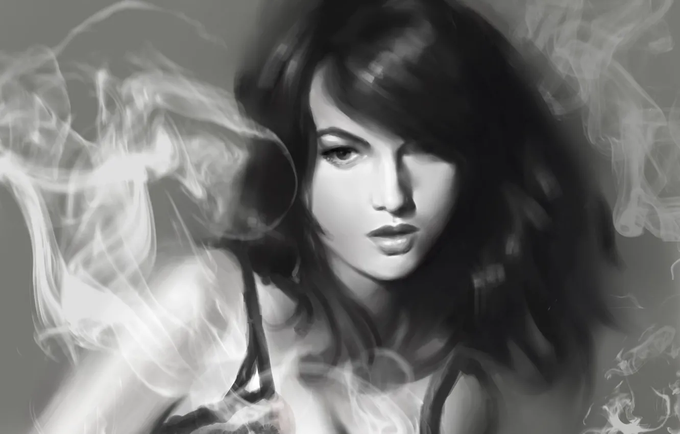 Photo wallpaper girl, smoke, figure, art, black and white, monochrome