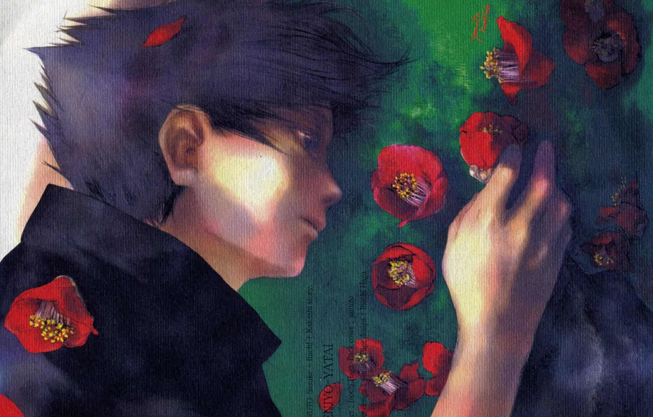 Photo wallpaper sadness, hand, art, on the grass, Sasuke Uchiha, in profile, Naruto Shippuden, Yamato