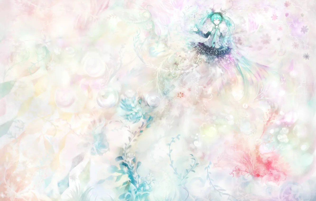 Photo wallpaper girl, flowers, headphones, art, microphone, vocaloid, hatsune miku, Vocaloid