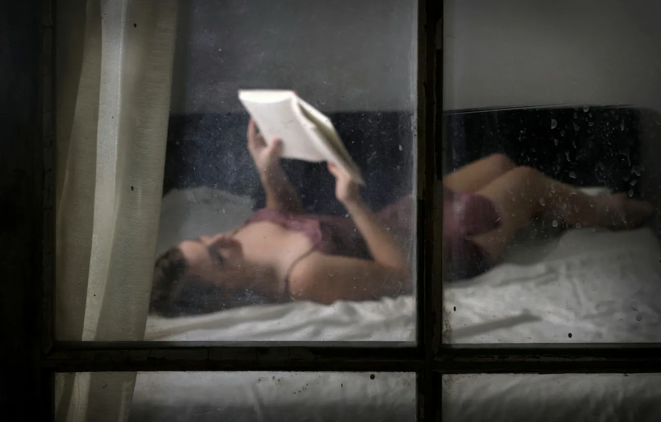 Photo wallpaper girl, window, book