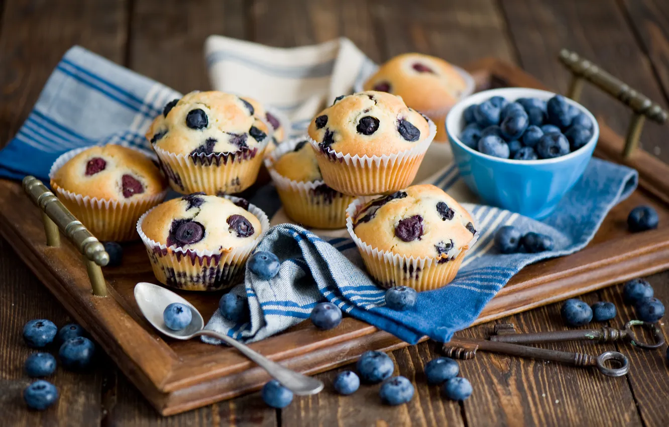 Photo wallpaper berries, blueberries, spoon, keys, dessert, cakes, cupcakes, blueberries