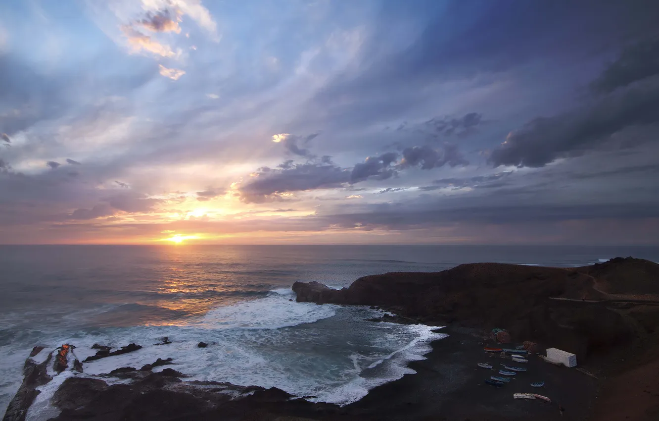 Photo wallpaper sea, beach, sunset, boat