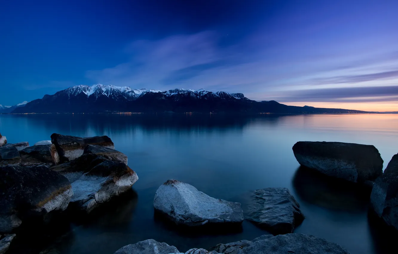 Photo wallpaper landscape, night, lake, stones