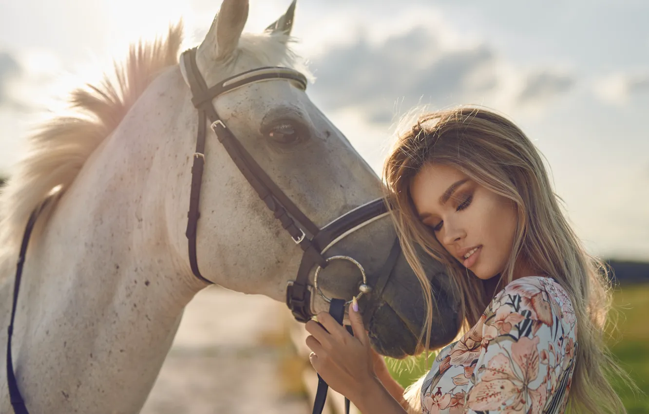 Photo wallpaper girl, the sun, hair, horse, blonde, Bulinko Peter