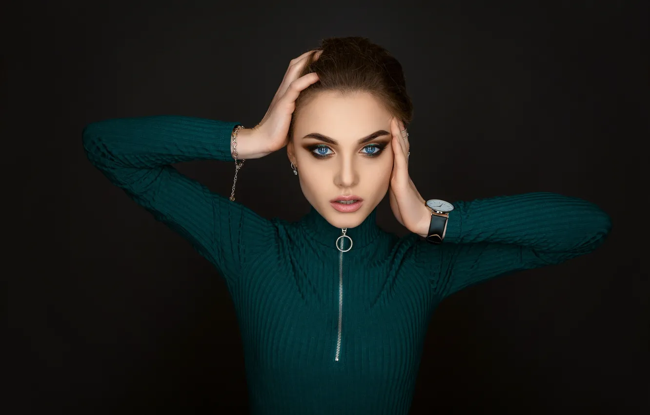 Photo wallpaper eyes, girl, face, pose, watch, makeup, beautiful, jacket