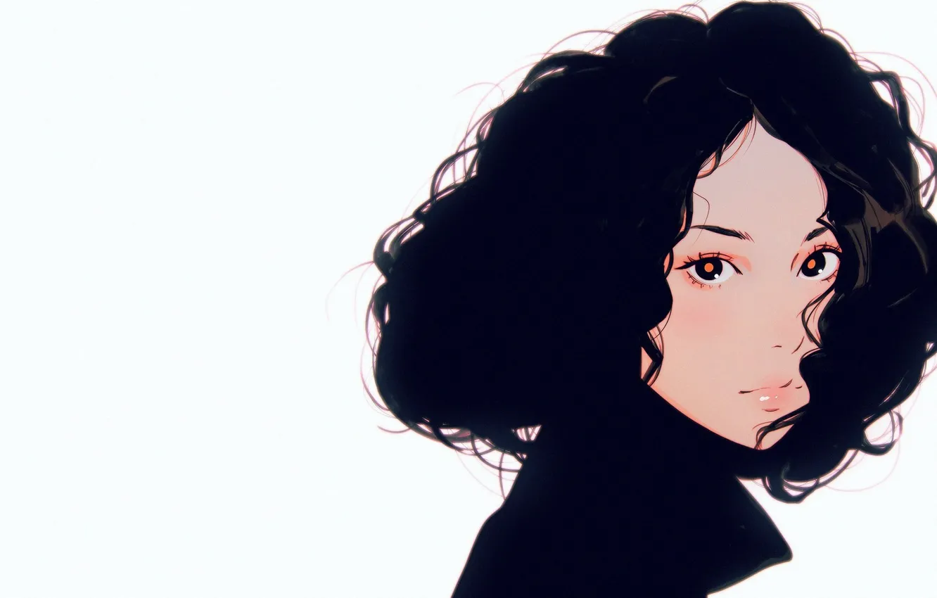 Photo wallpaper look, face, brunette, collar, curls, portrait of a girl, curly hair, Ilya Kuvshinov