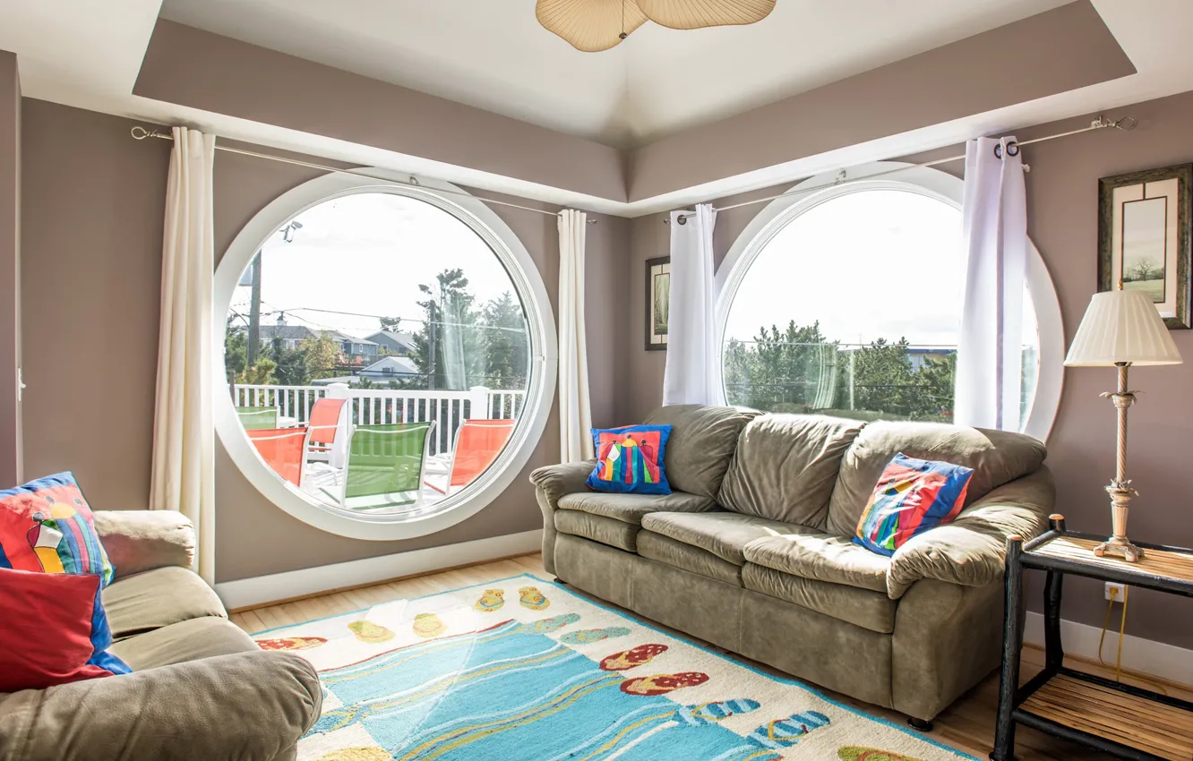 Photo wallpaper room, interior, sofas, terrace, living room, Delaware, Delaware, round windows